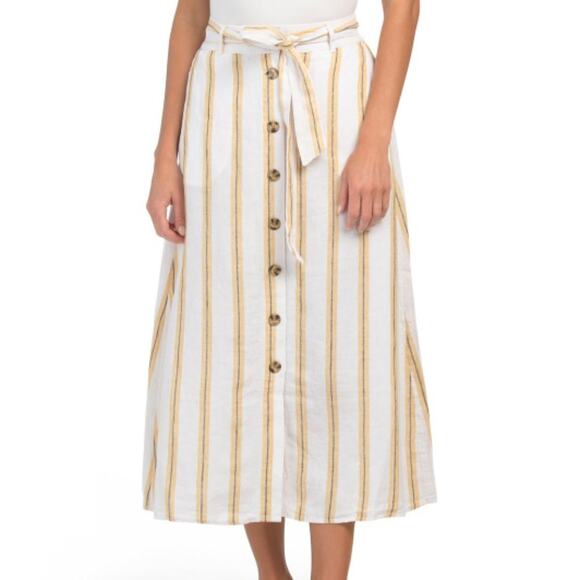 Cynthia Rowley Women's Midi Skirt Linen Yellow White Striped Print Size S - Picture 1 of 15